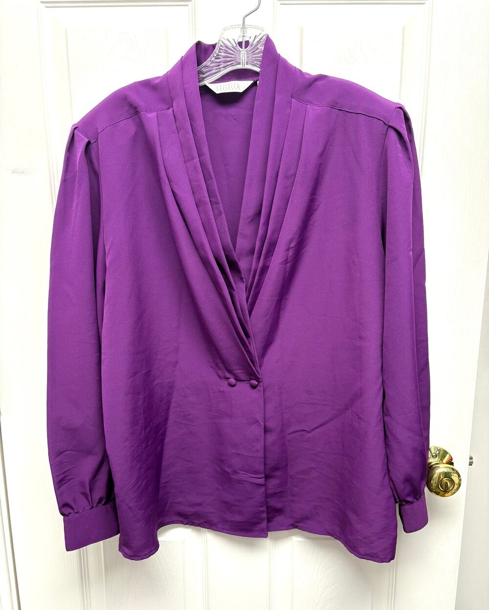 Vintage Sellecca Blouse Purple Padded Shoulders Puff Sleeves V-Neck Size 14